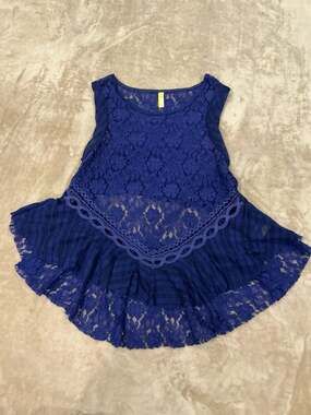 FREE PEOPLE Womens Blue Lace Crochet Open Back Peplum Tank Top Size SMALL